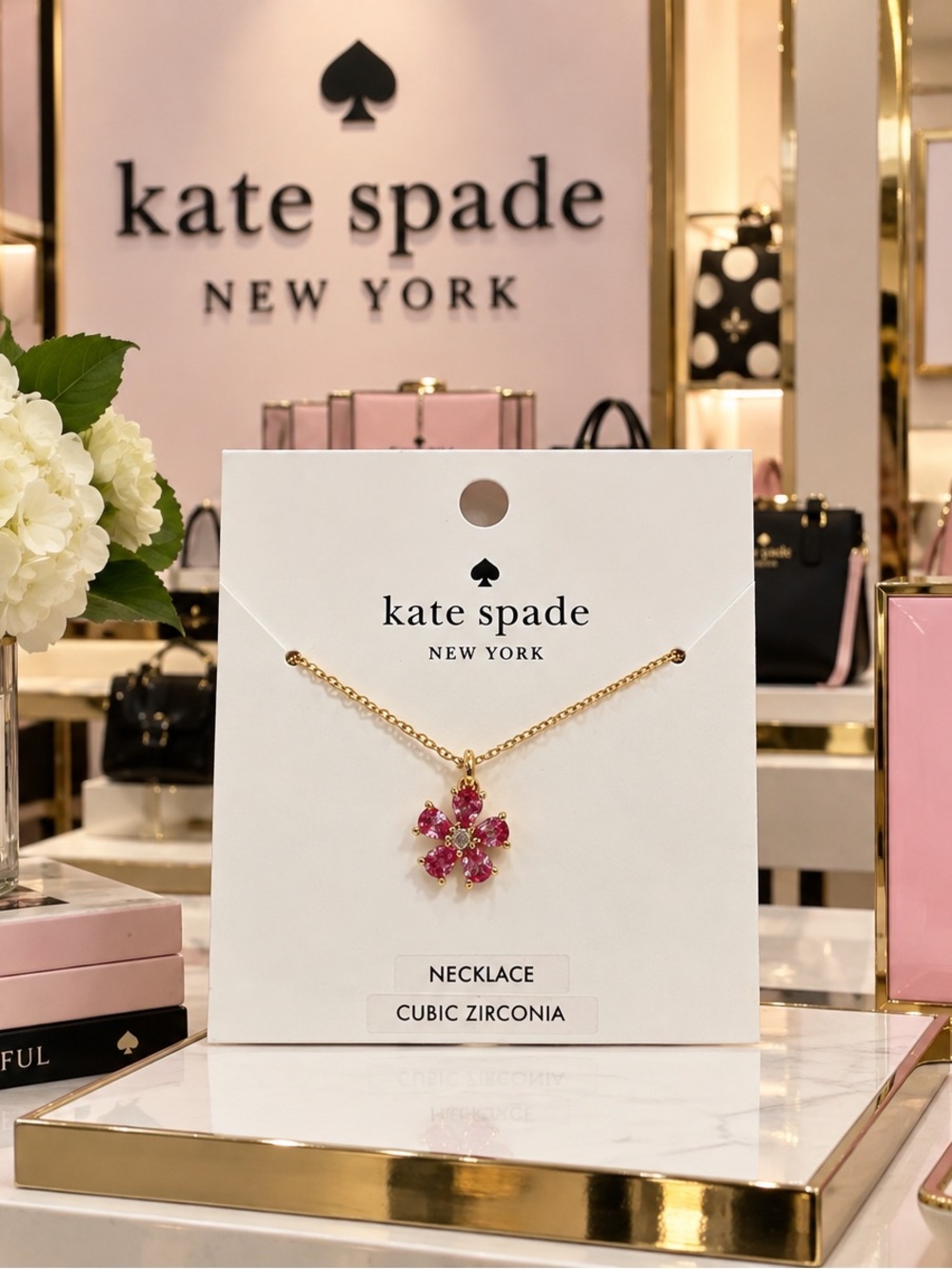 kate spade “Your a Gem” Gold Necklace with Pink Flower Pendant